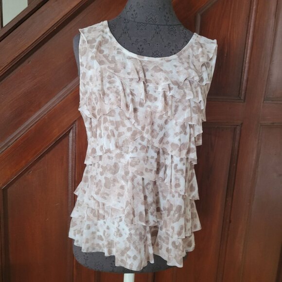 Chicos Womens Tiered Ruffle Sleeveless Blouse Size 2 Beige Animal Print Large - Picture 1 of 6